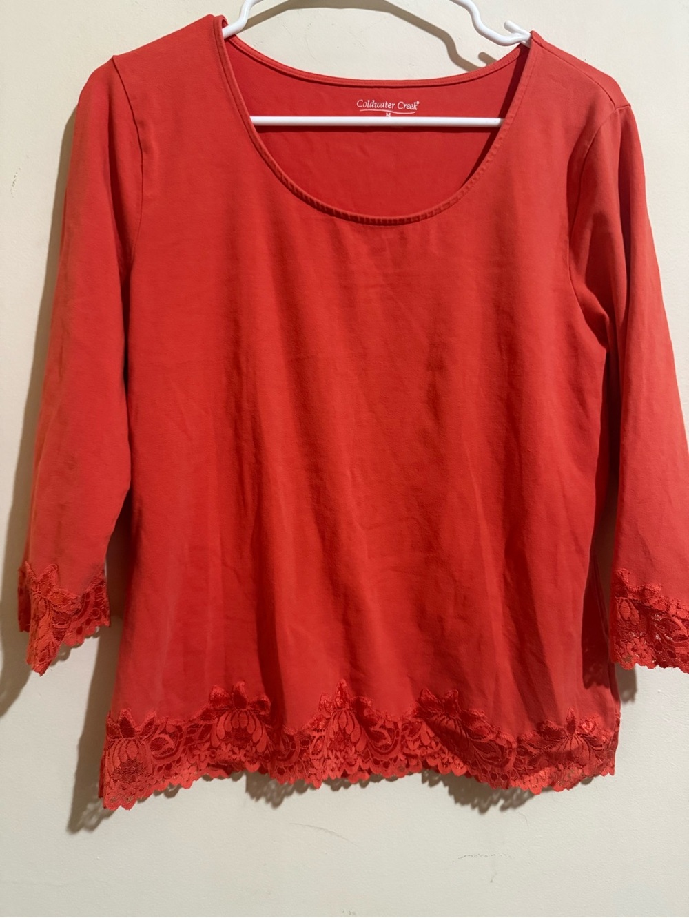 Coldwater Creek Coral-Red Scoop Neck Lace-Hem Tunic